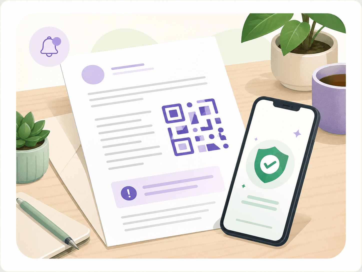 Illustratie van een QR-betaling die veilig gecontroleerd wordt.
