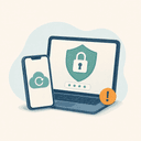 Illustratie van een laptop, smartphone en beveiligingsslot voor accountherstel.