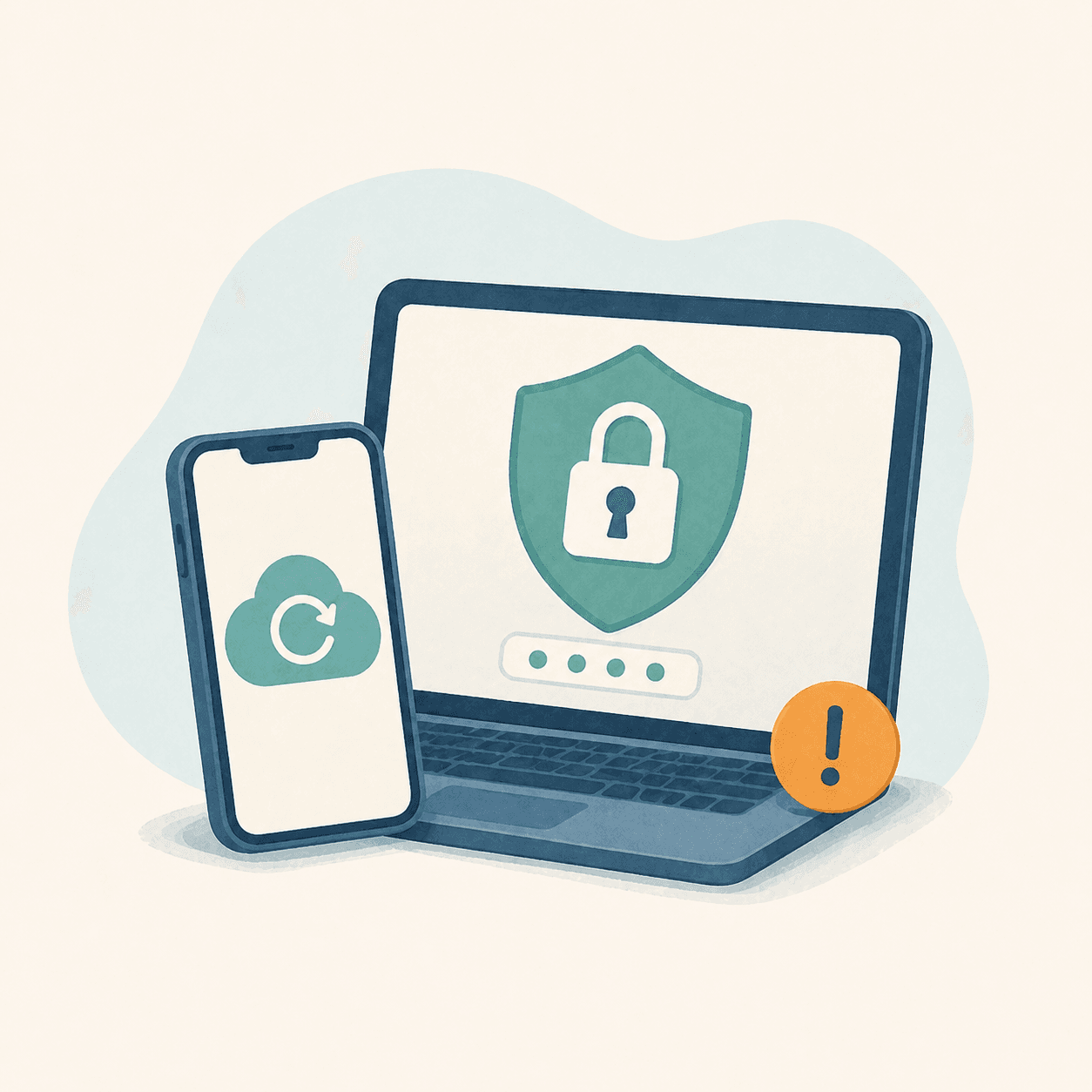 Illustratie van een laptop, smartphone en beveiligingsslot voor accountherstel.