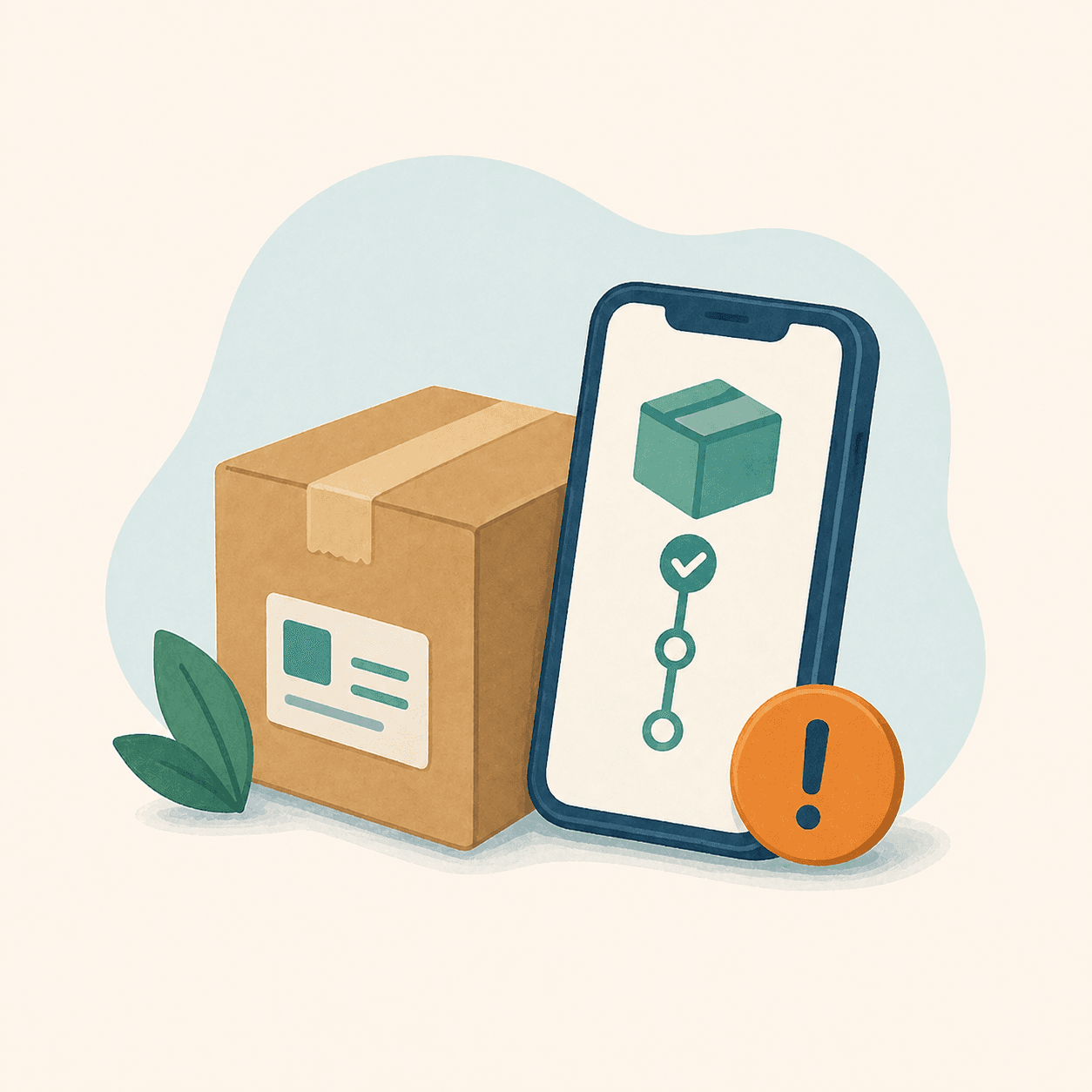 Illustratie van een pakket, trackingtelefoon en waarschuwing voor leveringsfraude.