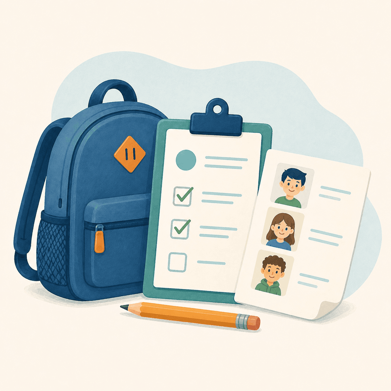 Illustratie van een schooltas, formulieren en leerlingenblad voor schooladministratie.