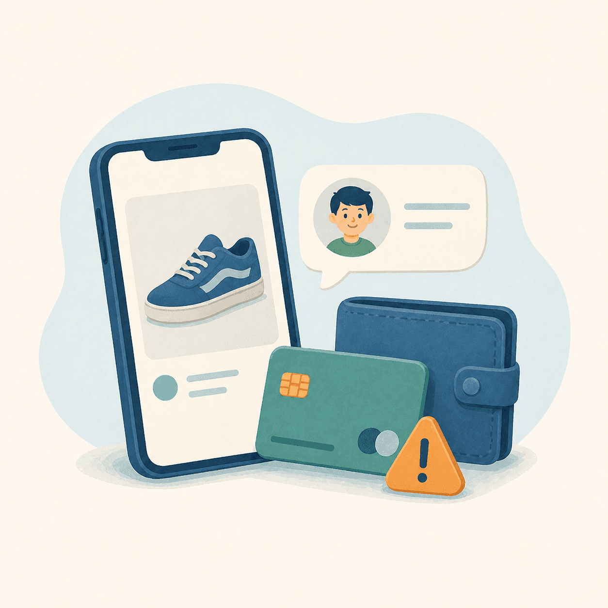 Illustratie van een smartphone met productlisting, chat en betaalkaart.