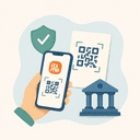 Illustratie van een QR-code, officiële brief, schild en dienstgebouw.